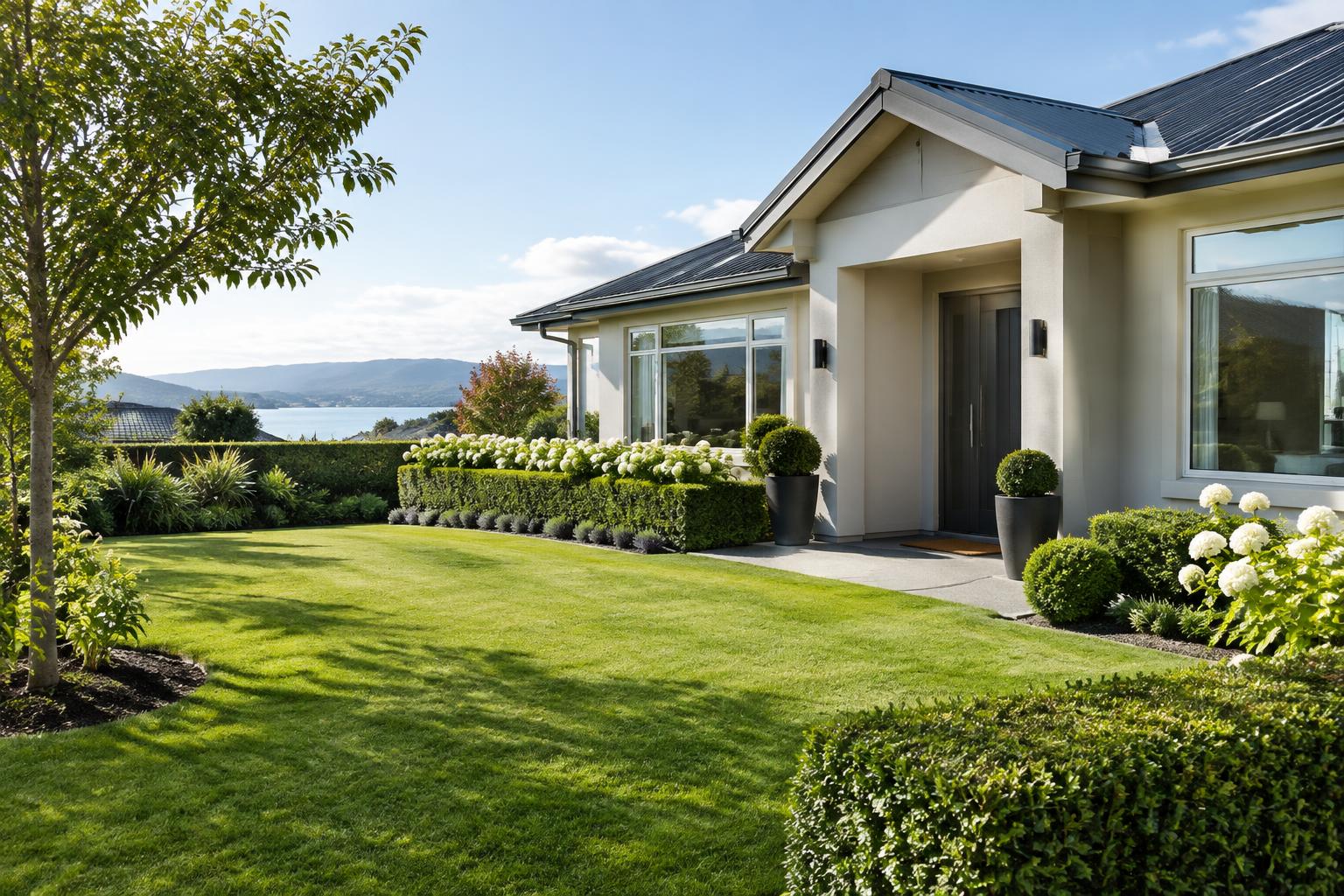 Neatly tended lawn and garden at a New Zealand home